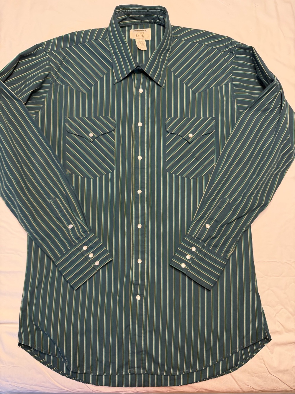 Vintage Men's Long-Sleeve Green Striped Button-Down Shirt with White Snaps